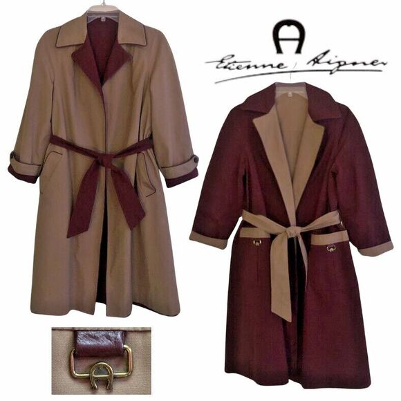 Etienne Aigner Reversible Trench Coat Womens Size 8P Oxblood/Khaki Leather Trim - Picture 1 of 15